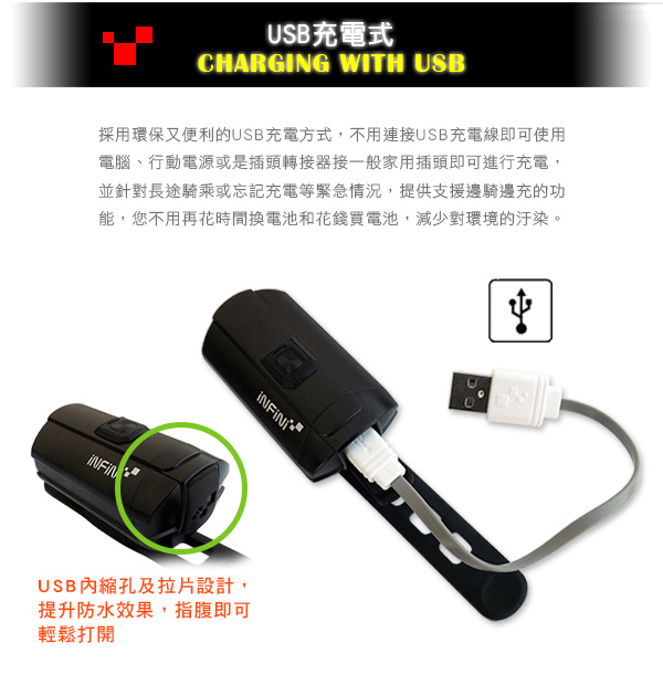 INFINI TRON 300 I-281P 白光USB充電式前燈 黑色