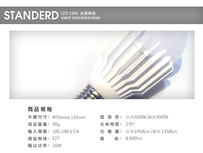 威剛ADATA LED燈泡 16W 全電壓 CNS認證 白光/黃光 4入