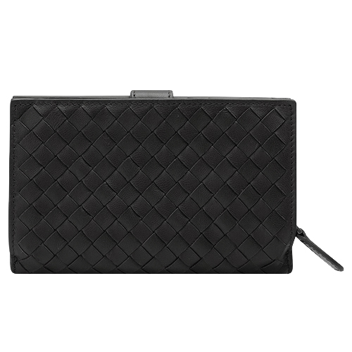 BOTTEGA VENETA 經典編織小羊皮圓皮拉鍊釦式中夾(黑)