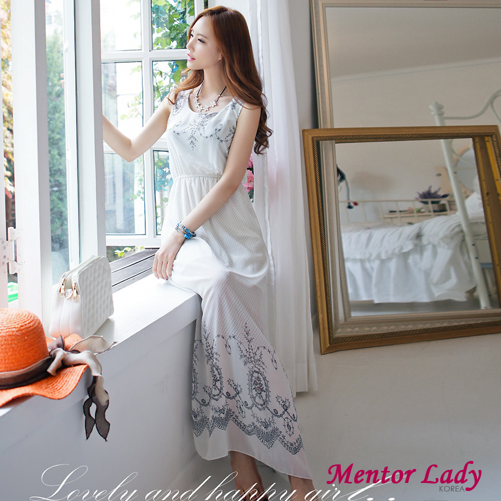 刺繡花紋圖案雪紡洋裝 (白色)-Mentor Lady