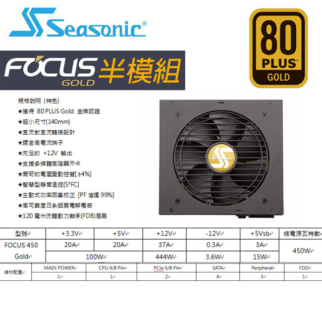 海韻 FOCUS450w金牌半模組電源供應器