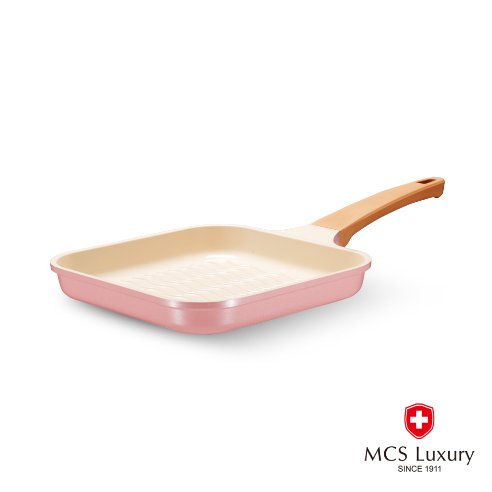 瑞士MCS Luxury系列 櫻粉釉光陶瓷不沾方煎鍋22cm