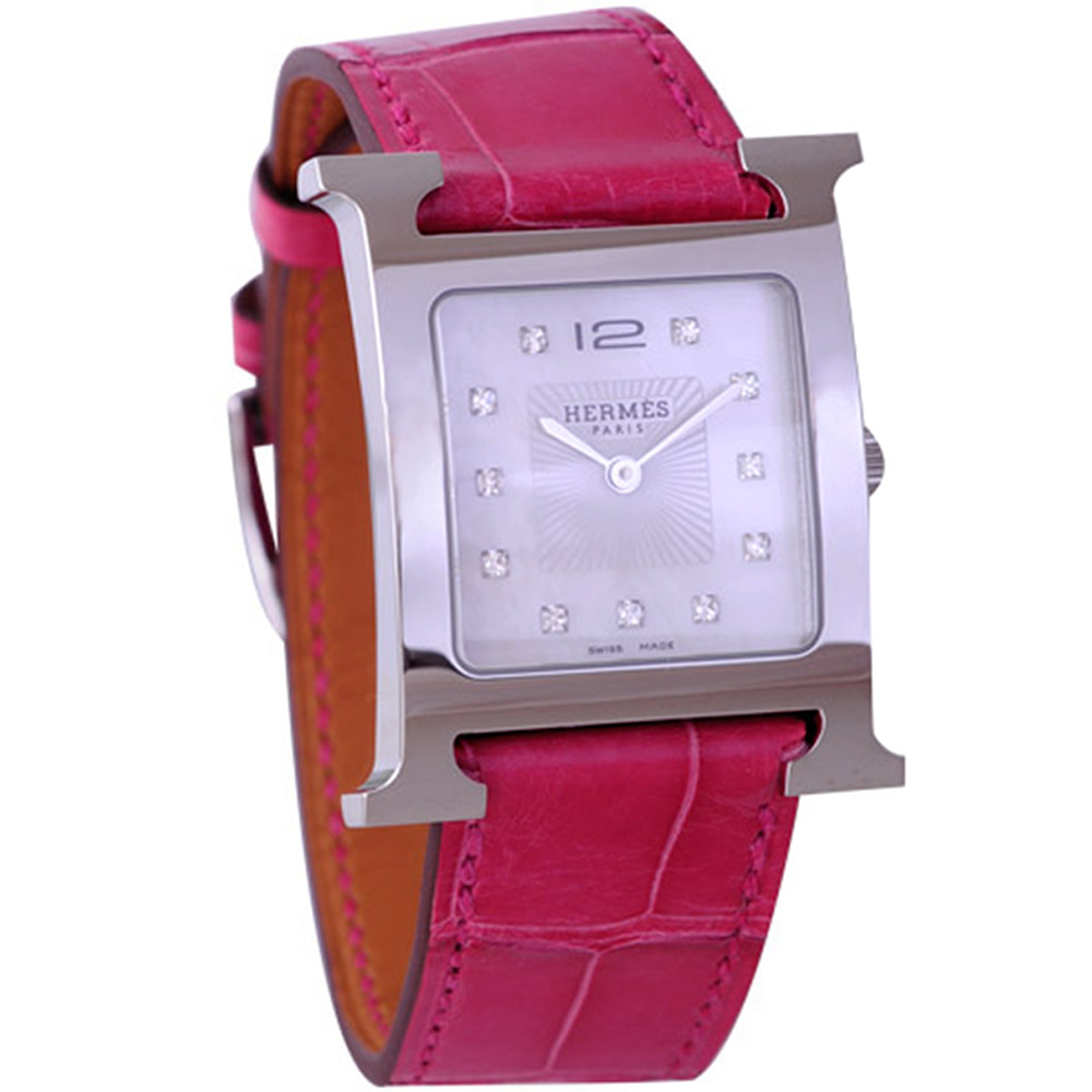 HERMES H-OUR 系列經典時尚真鑽腕錶-珍珠x桃紅錶帶/25mm