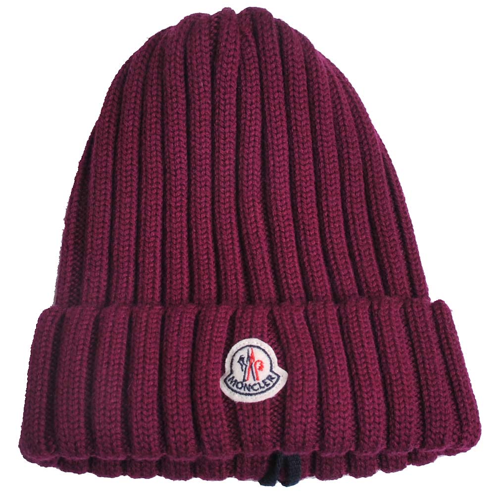 MONCLER 經典品牌圖騰羊毛直紋造型毛帽(暗紫紅)