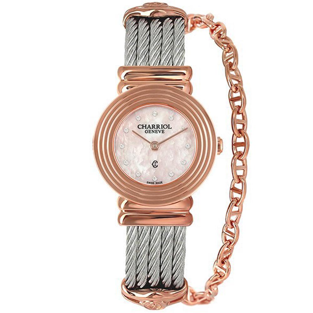 CHARRIOL夏利豪ST-TROPEZ 同心圓鎖鍊腕錶-粉紅貝殼面25mm