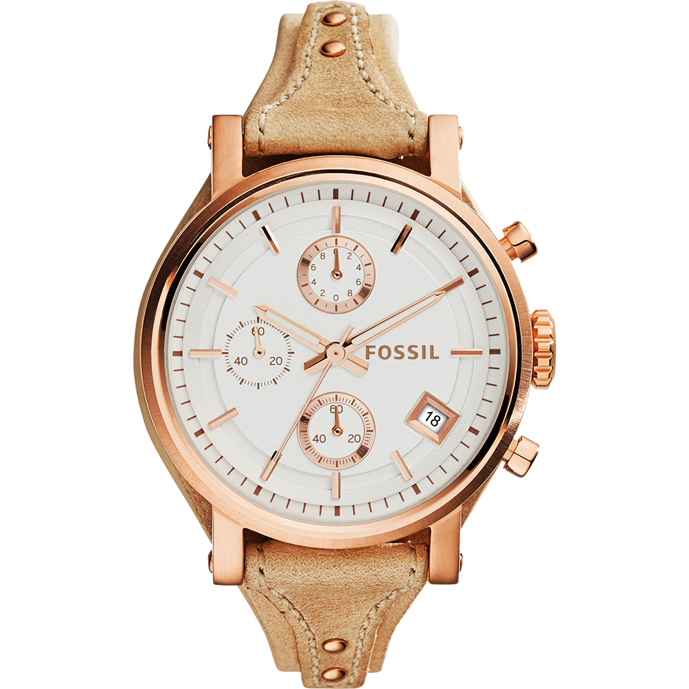 FOSSIL 雅典女仕時尚計時腕錶-銀x玫塊金框x卡其/38mm