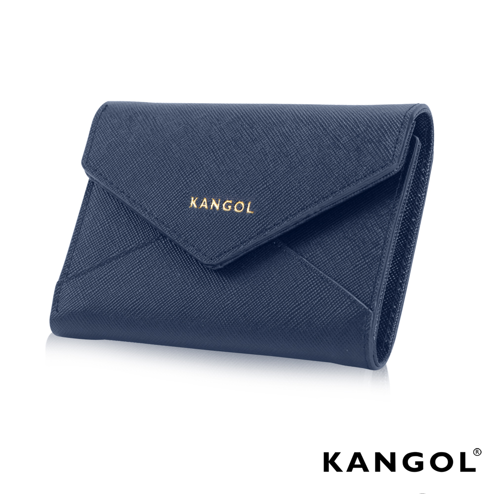KANGOL 英式 優雅不羈誘惑明信片女短皮夾十字紋設計感三色-藍