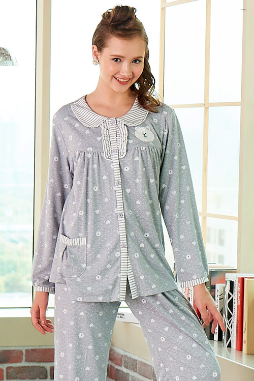睡衣 精梳棉柔針織 長袖兩件式睡衣(67203)麻灰色 蕾妮塔塔