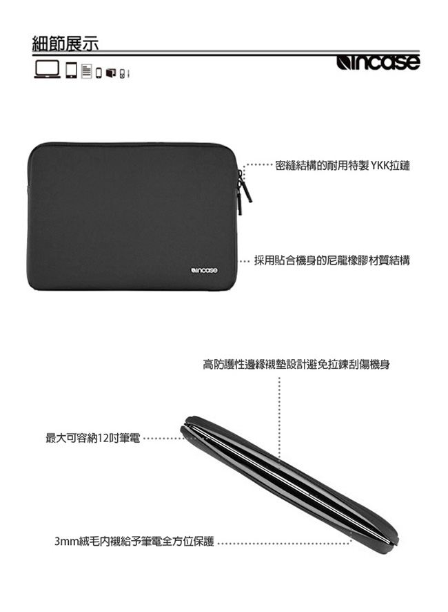 INCASE Neoprene Classic 12吋 經典尼龍防震保護筆電內袋 (黑)