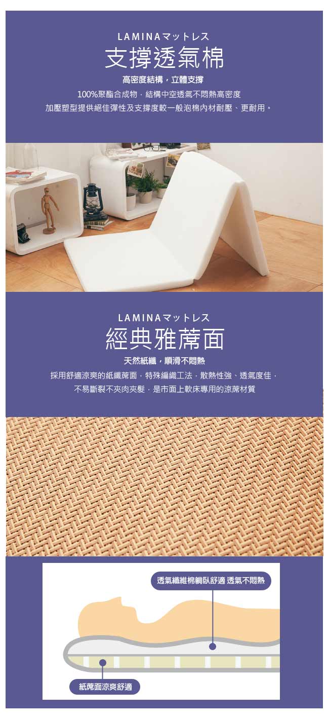 LAMINA雅蓆兩用透氣床墊-小花條紋-咖 5cm (雙人)