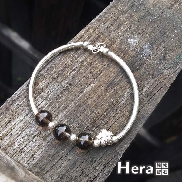 Hera 925純銀手作天然茶水晶圓珠梅花手環/手鍊