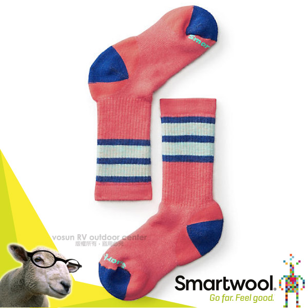 【美國 SmartWool】美麗諾羊毛 兒童健行中級避震條紋中長襪(2入)_珊瑚紅