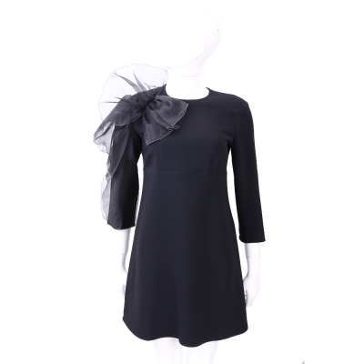ELISABETTA FRANCHI 黑色拼接荷葉蝴蝶結造型長袖洋裝