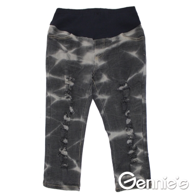 【Gennie’s奇妮】水洗紋刷色抓破造型孕婦牛仔七分褲(黑G4118)