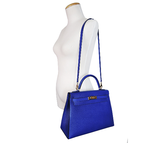 HERMES KellyEpsom防刮牛皮手提/肩背凱莉包(32CM/7T電光藍/金釦