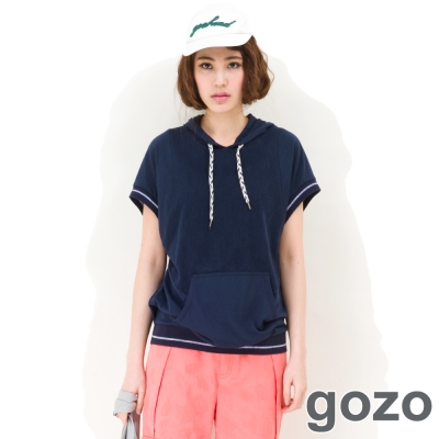 gozo-連帽網布拼接造型上衣-深藍