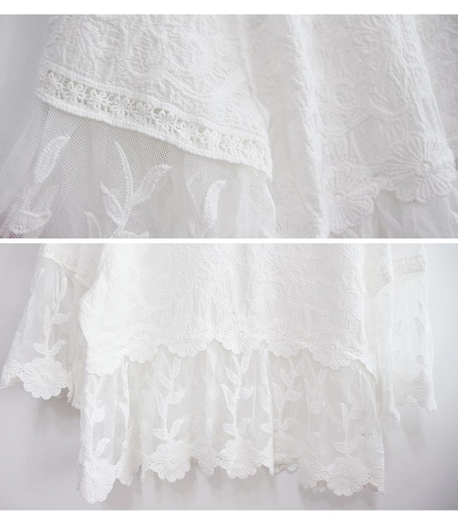 La Belleza透視感罩衫甜美立體花朵刺繡性感蕾絲寬袖上衣（情人節送禮）