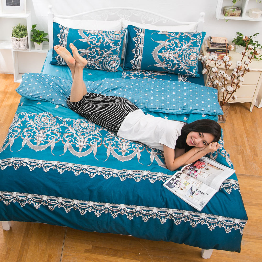 eyah宜雅 全程台灣製100%頂極精梳棉雙人加大床包枕套三件組 法國洛可可的浪漫-藍