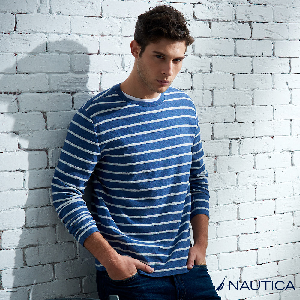 Nautica 清新質感條紋圓領長袖TEE -藍白