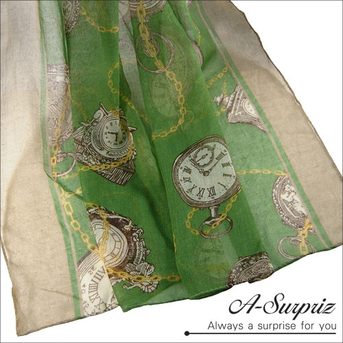 A-Surpriz 復古懷錶鎖鏈巴黎紗圍巾(草綠)