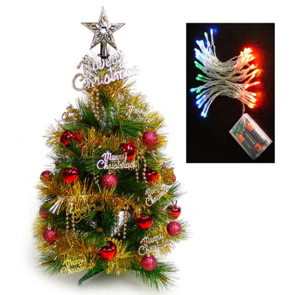台製2尺(60cm)綠松針葉聖誕樹(+紅蘋果金色系)+LED50燈電池彩光
