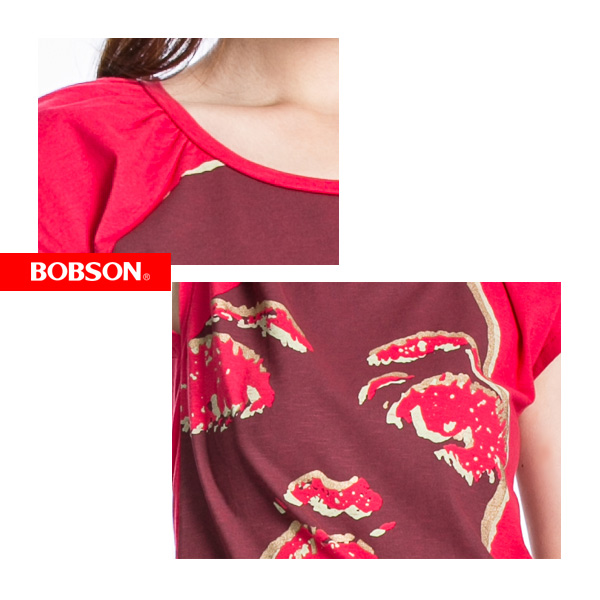 BOBSON 女款抽象臉譜短袖上衣(紅22119-13)