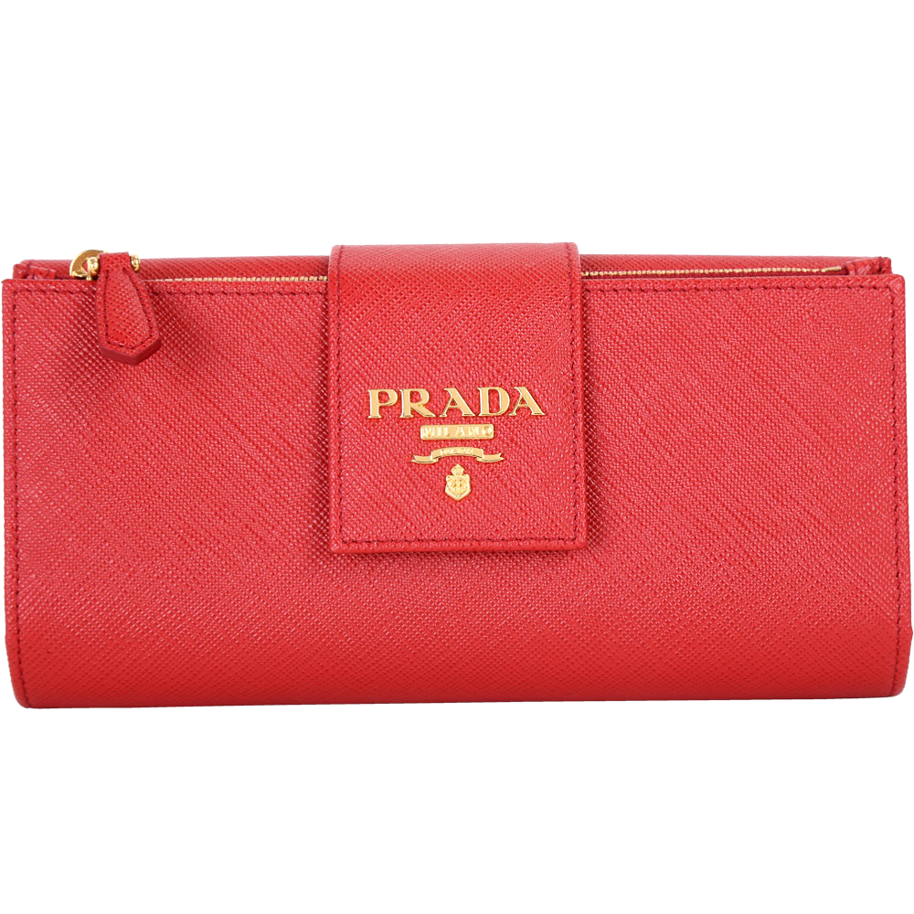 PRADA Saffiano Metal 金字掀式多卡層釦式中長夾(紅色)