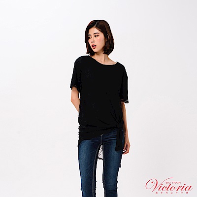 Victoria 假二件式全蕾絲長版短袖T-女-黑色