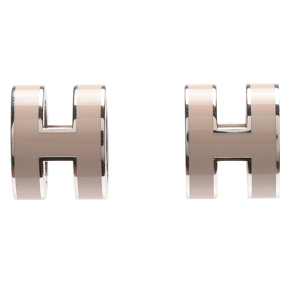 HERMES 經典POP立體H LOGO簍空橢圓穿式耳環(栗棕X銀)