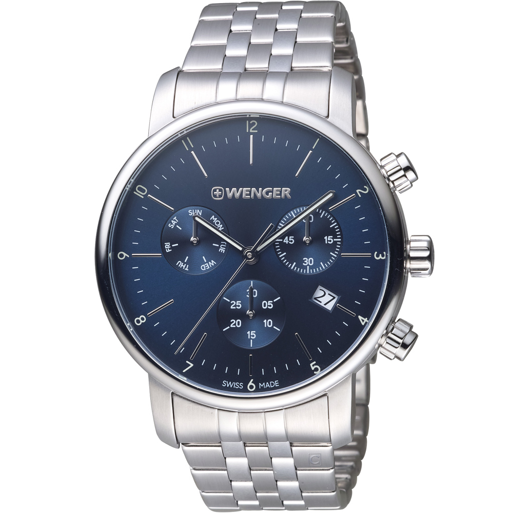 瑞士 WENGER Urban 都會系列 經典極簡美學計時腕錶-銀色/44mm