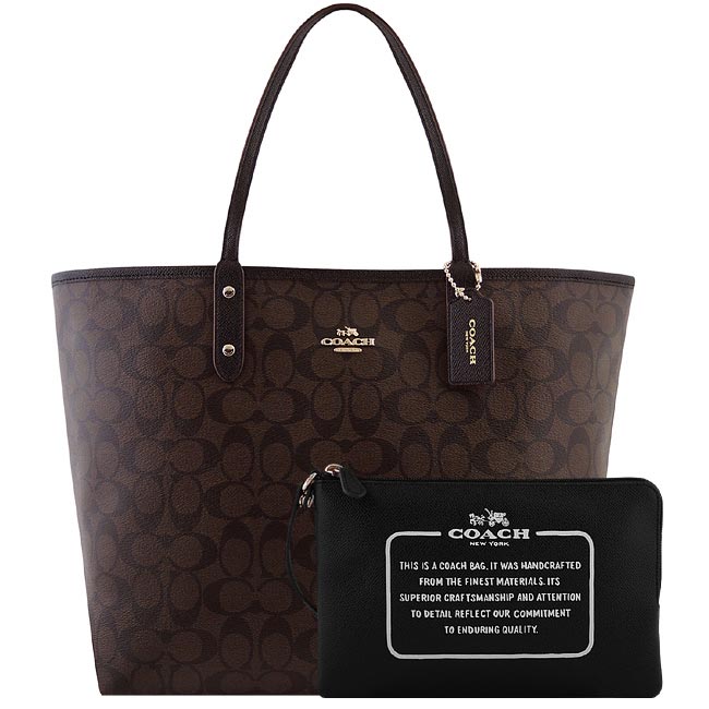 COACH 巧克力色大C PVC雙面托特包-附大型手拿包