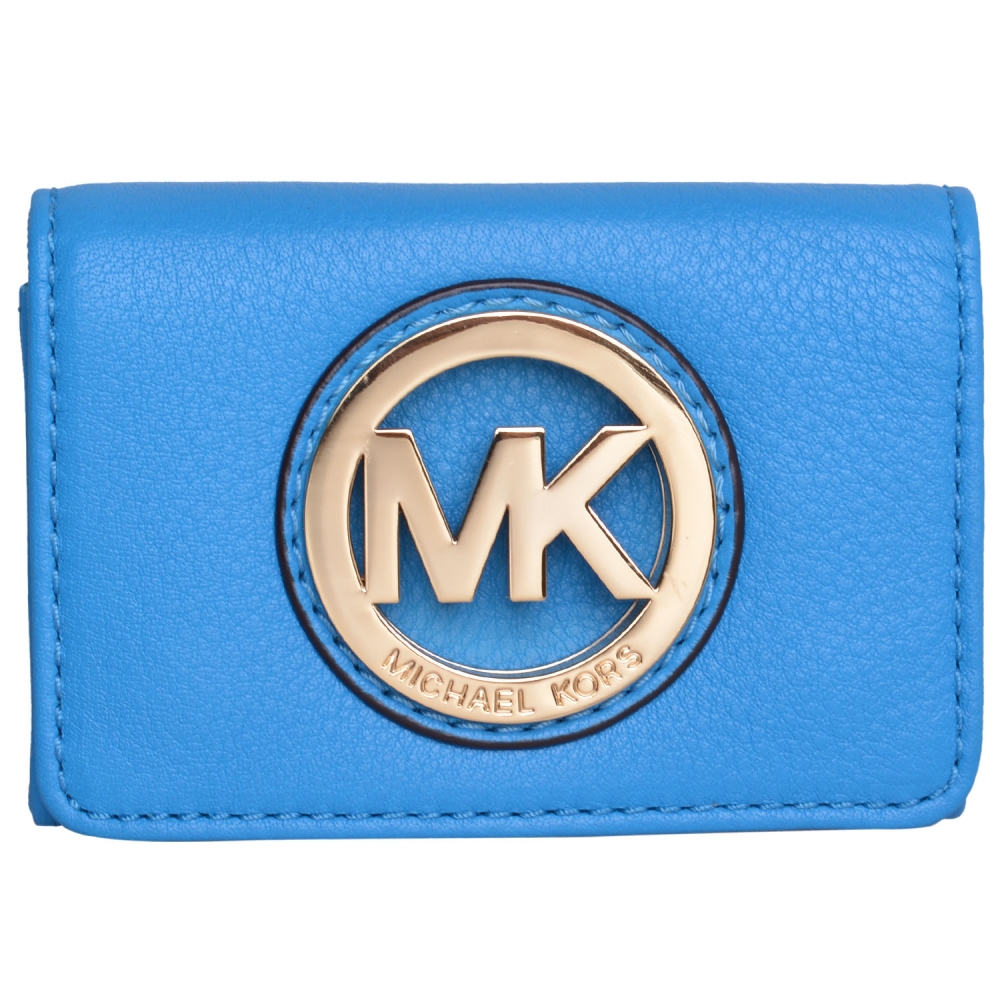 MICHAEL KORS 經典鏤空MK LOGO全皮革名片零錢包(土耳其藍)