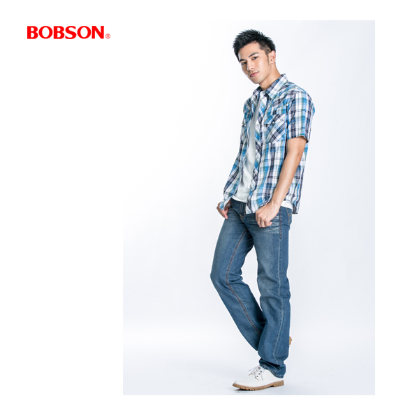 BOBSON 男款格紋短袖襯衫(淺藍23003-53)