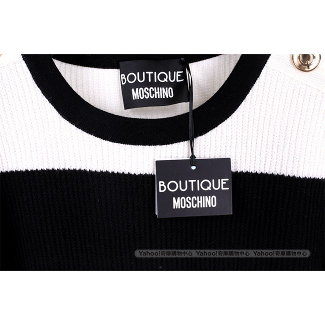 BOUTIQUE MOSCHINO 黑白條紋金釦飾針織長袖上衣(100%LANA)