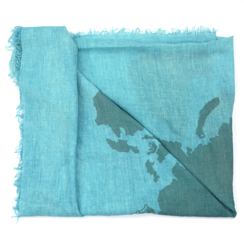 Alviero Martini 義大利地圖包 經典地圖下擺流蘇圍巾/L-青色