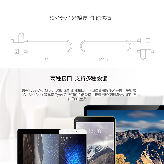 ZMI紫米 Micro USB & Type-C 二合一傳輸充電線100cm(AL501)