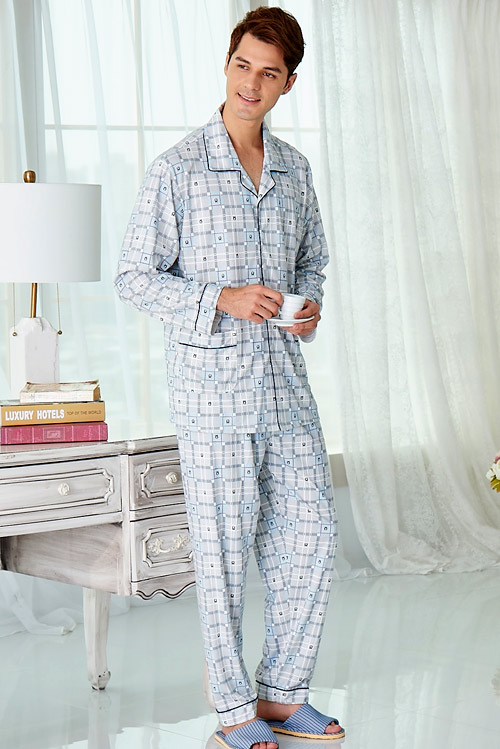 睡衣 精梳棉柔針織 男性長袖兩件式睡衣(68233)水藍格紋 蕾妮塔塔