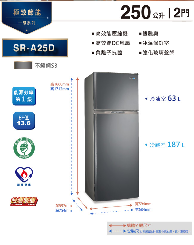 SAMPO聲寶 250L 1級變頻2門電冰箱 SR-A25D(S3) 不鏽鋼