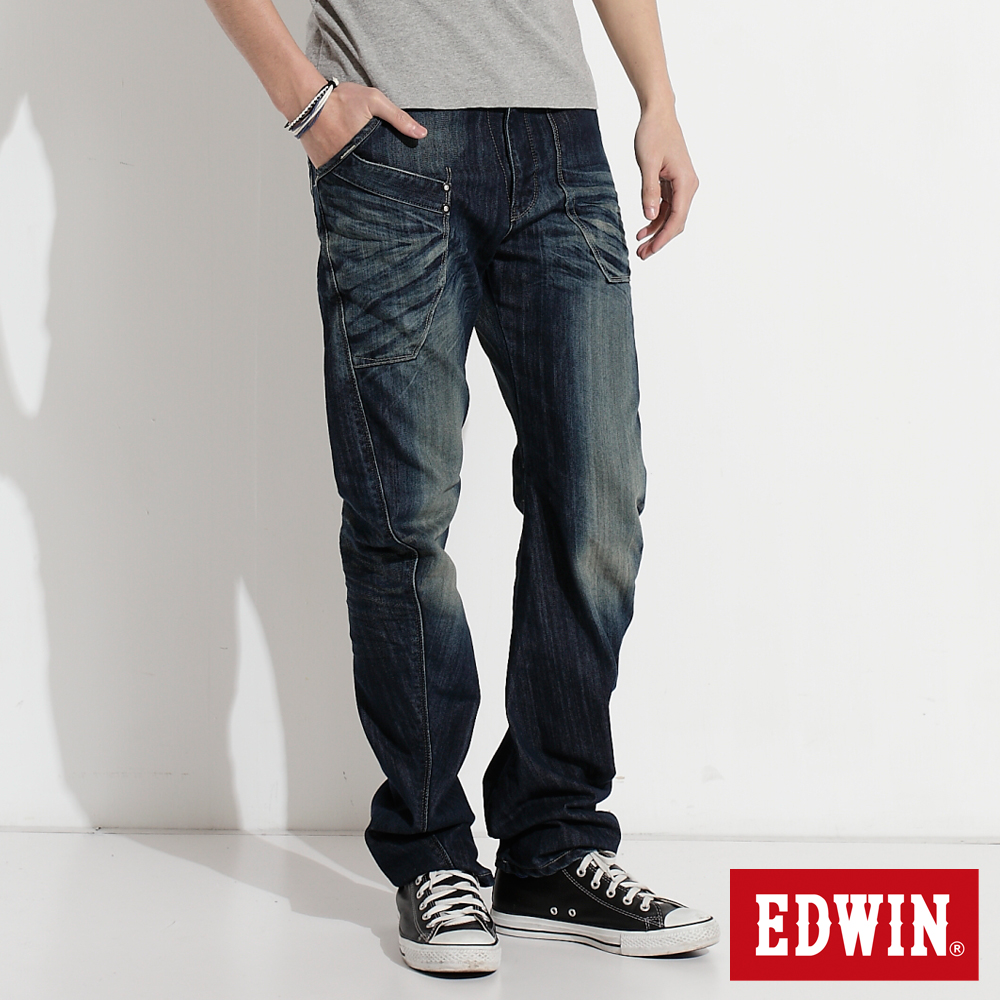 EDWIN 加大碼E-FUNCTION窄直筒牛仔褲-男-中古藍
