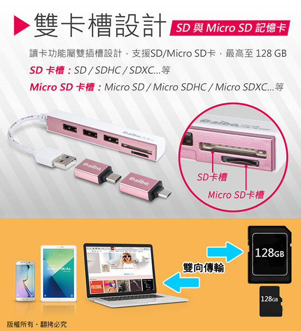 aibo 3in1 OTG讀卡機+HUB集線器(Type-C/Micro/USB)