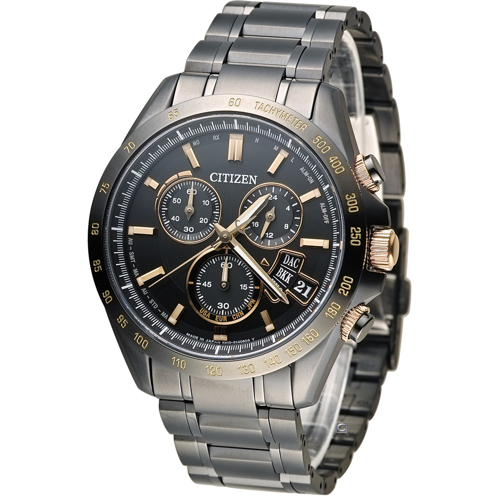CITIZEN 五局電波萬年曆計時限定腕錶(BY0135-57E)-黑x玫瑰金/42mm