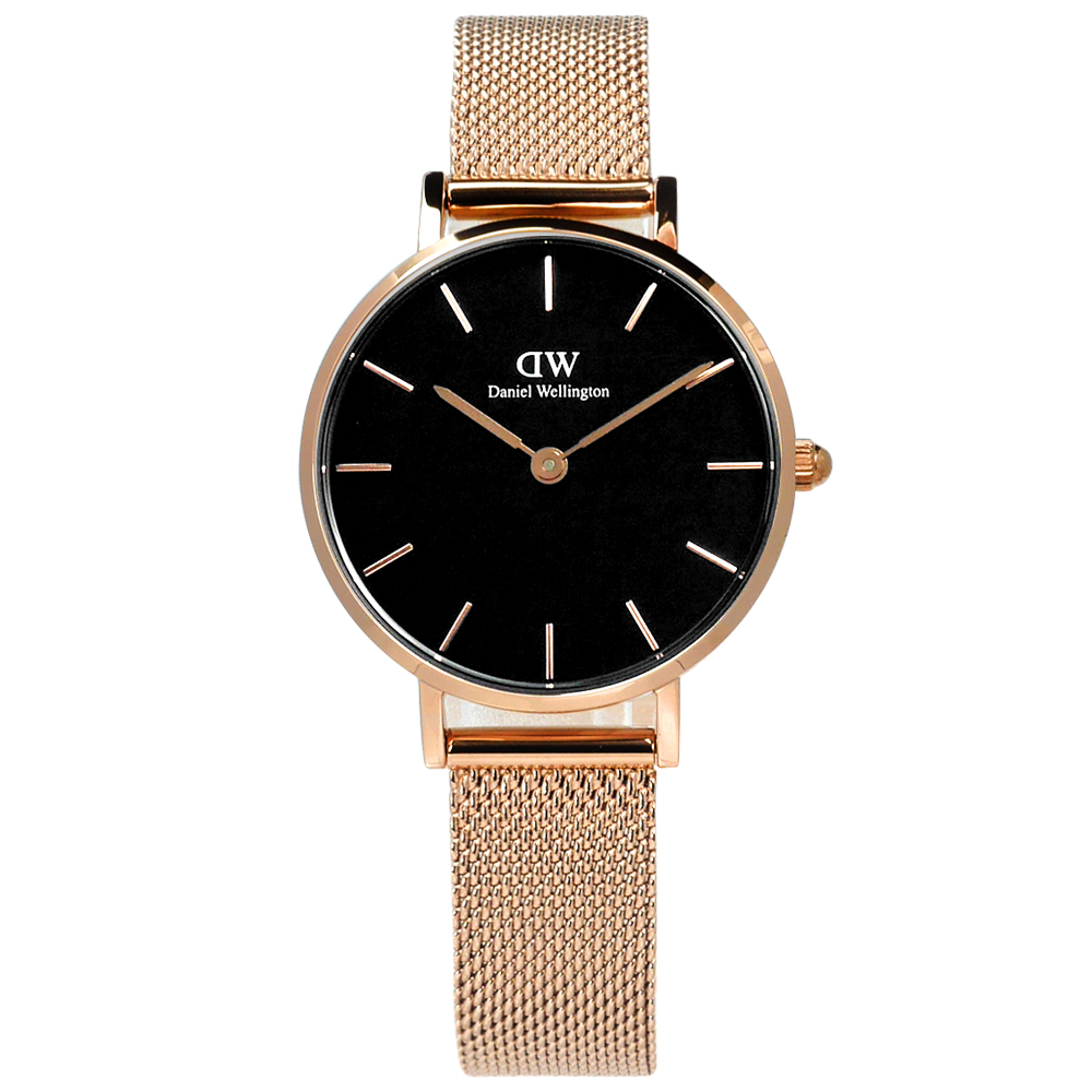 Daniel Wellington 經典小巧米蘭編織不鏽鋼手錶-黑x鍍玫瑰金/28mm