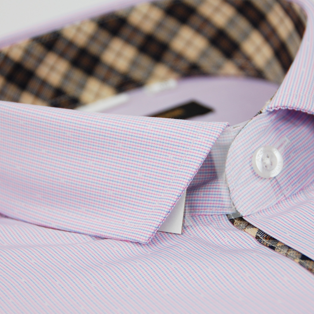 金‧安德森 經典格紋繞領門襟變化粉色窄版短袖襯衫