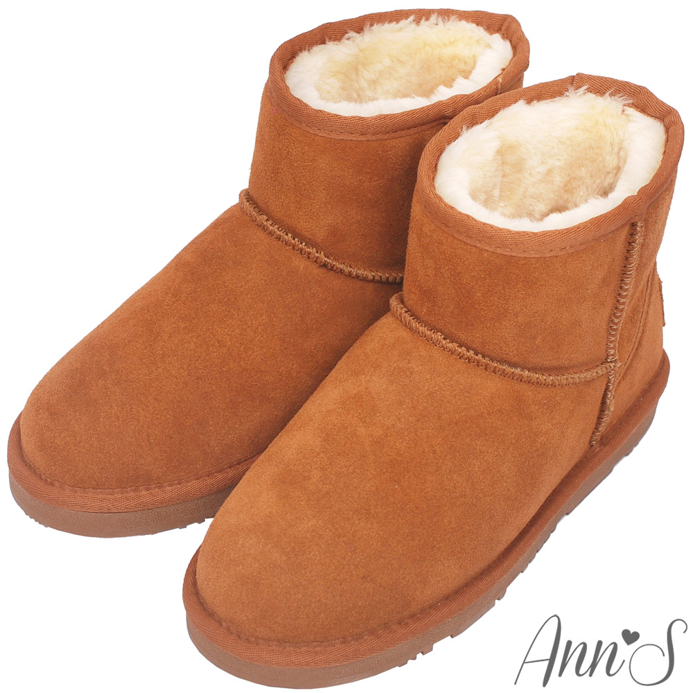 Ann’S溫暖系-真皮素面厚毛短筒雪靴-棕