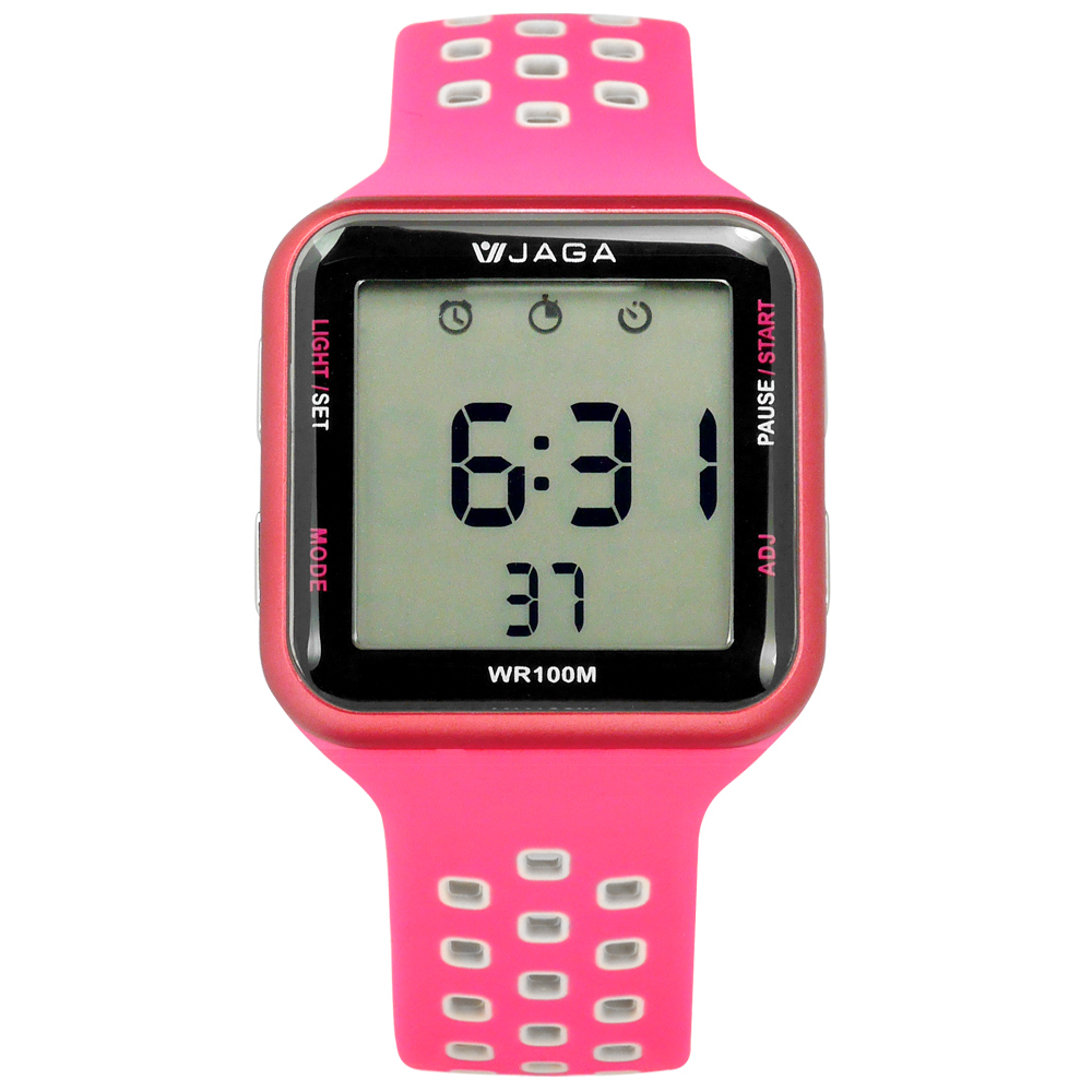 JAGA 捷卡 方型電子計時碼錶鬧鈴防水透氣運動矽膠手錶-桃紅色/38mm