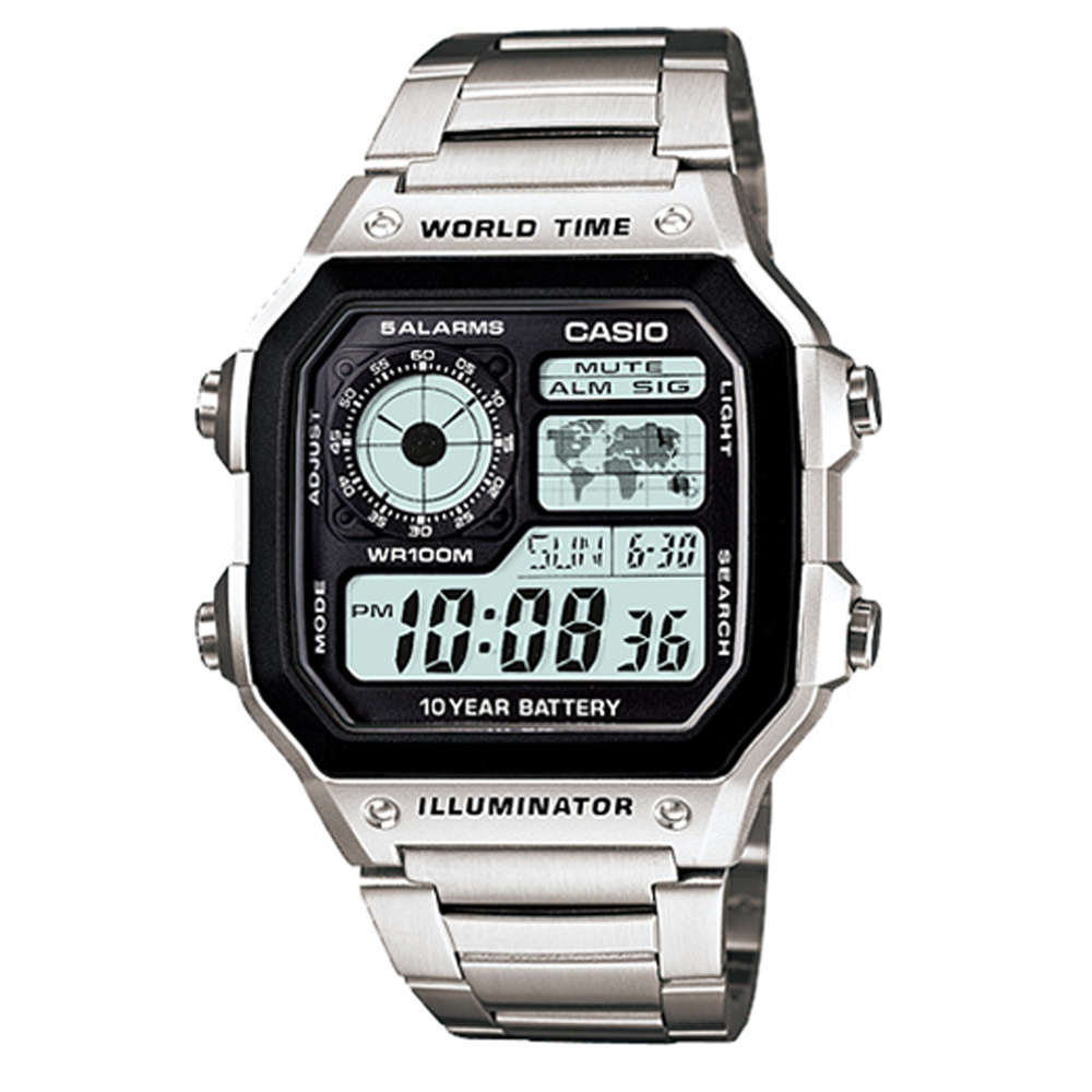 CASIO 世界地圖十年電力不鏽鋼數位錶(AE-1200WHD)-42mm