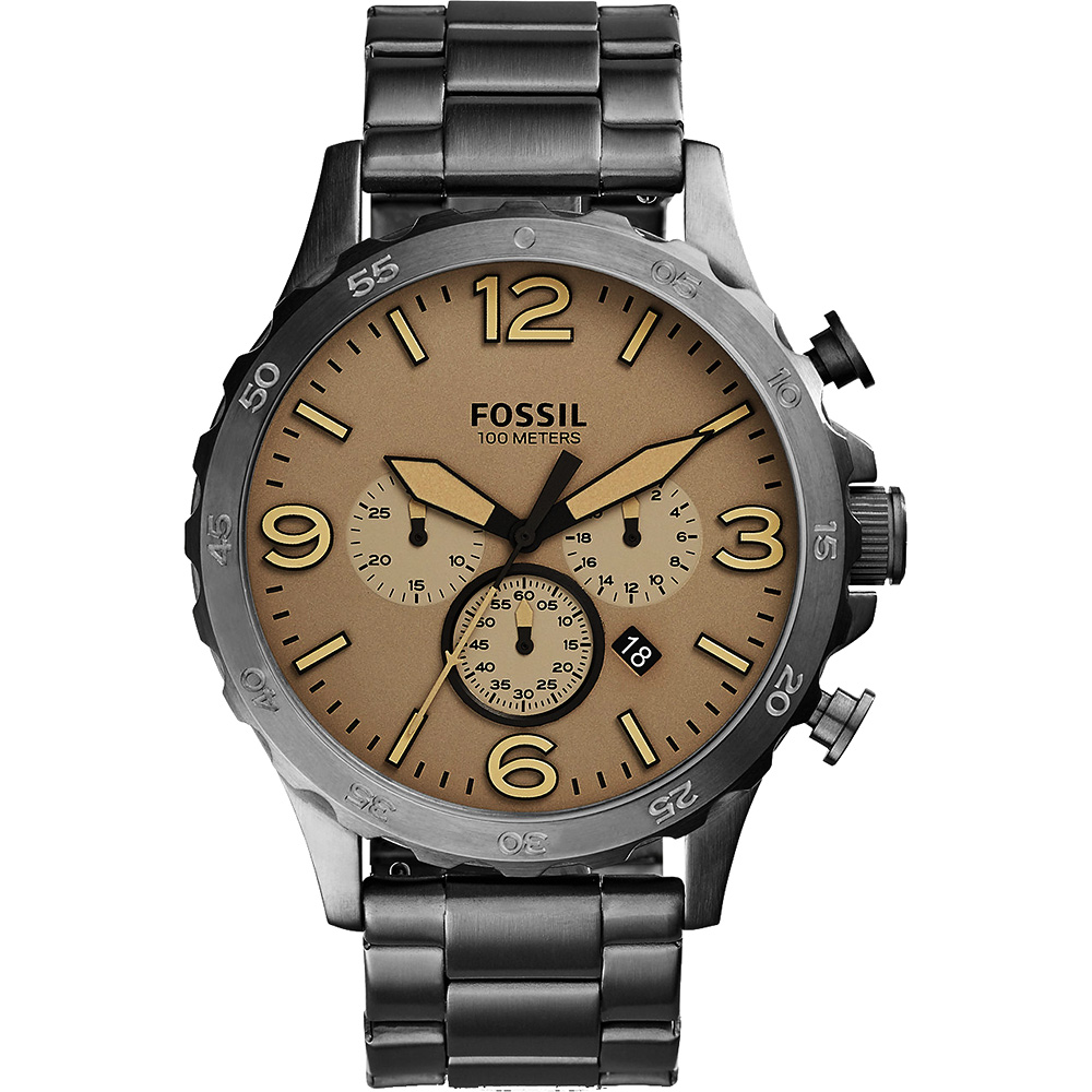 FOSSIL Nate 世紀戰神三眼計時腕錶-卡其X灰/50mm