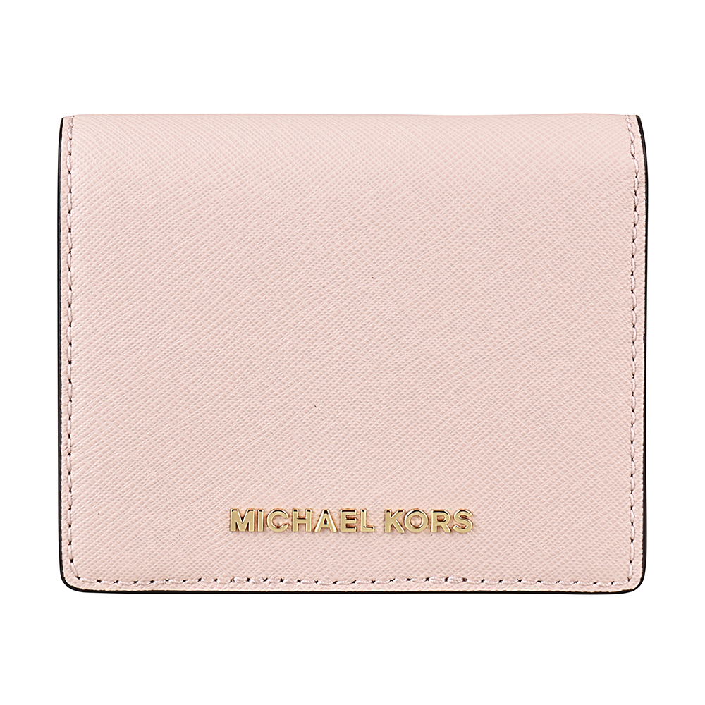 MK MICHAEL KORS MONEY PIECES金字LOGO防刮皮革釦式短夾(淡粉