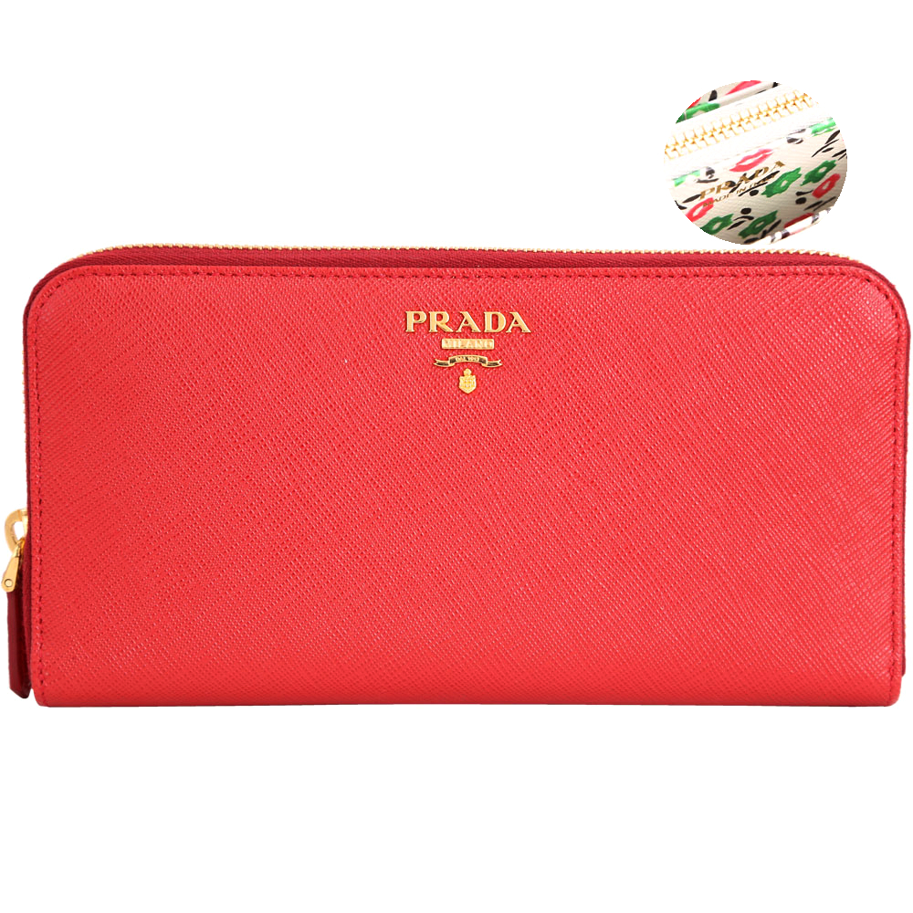 PRADA Saffiano Floral 防刮牛皮內印花拉鍊長夾(紅色)