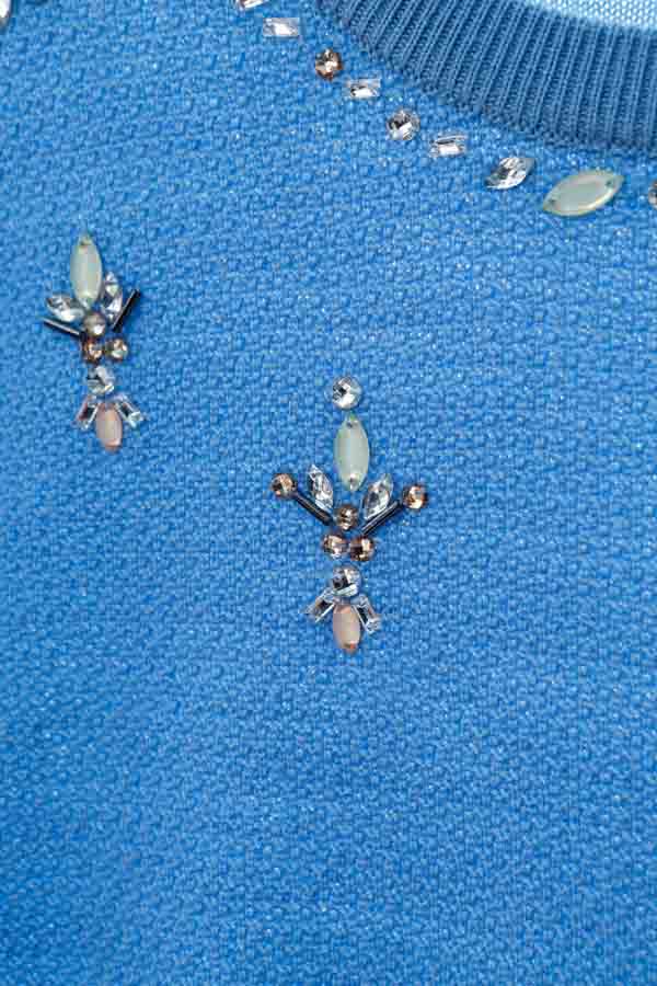 JESSICA-氣質珠寶領拼接長版針織上衣(藍)